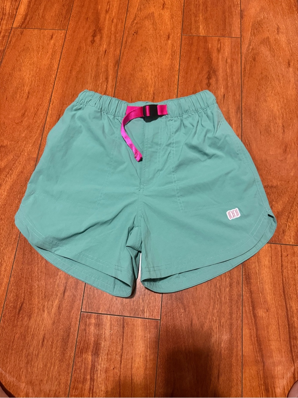Topo Designs Teal Athletic Shorts with Pink Webbing Belt